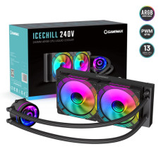 Процесорний кулер 62.82 CFM, 1.89mmH20, 32dBA, 800-2000RPM ,water pump: RPM 2300, NOICE 26.9dBA, Con GAMEMAX IceChill 240V