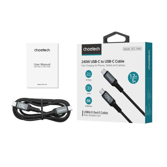 Аудіокабель Choetech USB-C 4 GEN 3 240 Вт 8K 2 м CHOETECH USB-C 4 G3 240W 8K 2m (XCC-1042)