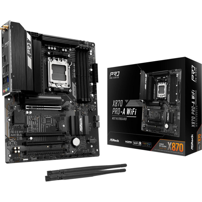 Mатеринська плата sAM5 AMD X870 4xDDR5 HDMI/2xUSB4 3xM.2 2.5GbE LAN ATX ASROCK X870 PRO-A WIFI