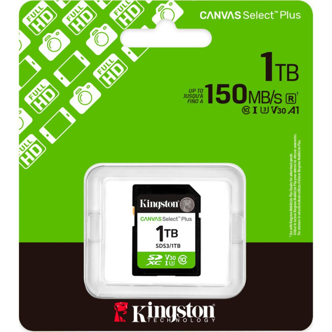 Карта пам'яті 1TB SDXC Canvas Select Plus Gen3 150MB/s C10 UHS-I U3 V30 KINGSTON SDS3/1TB