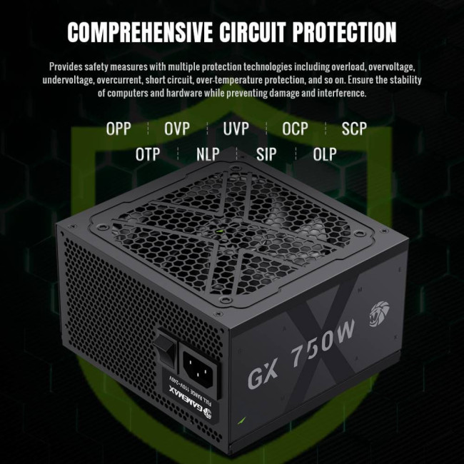 Блок живлення ATX 750W, 80+ Gold, 120mm Ultra Silent Fan, modular OVP / UVP/ SIP / OCP/ OLP/ OPP/ SC GAMEMAX GX 750GF
