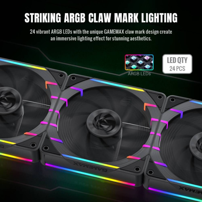 Кулер для корпусу 120мм  3pin AURA (M/F)&4pin PWM Air Flow66.89 CFM Static Air Pressure2.62mm - H2ON GAMEMAX Tornado T12 ARGB-R