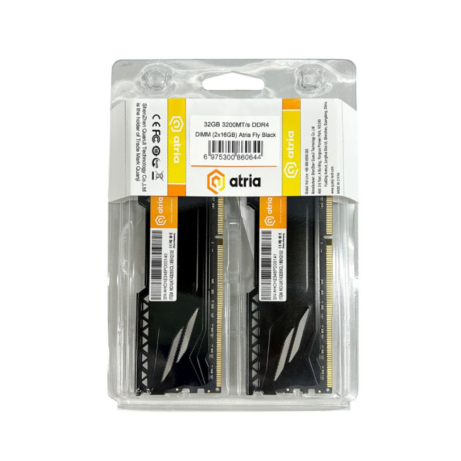 модуль пам'яті 32Gb DDR4 3200MHz  Atria Fly Black (2x16) ATRIA UAT43200CL18BK2/32