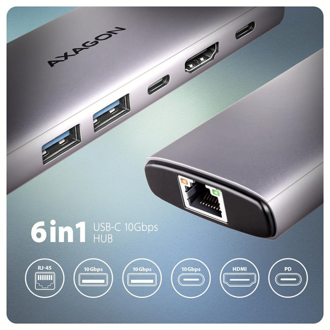 Хаб концентратор AXAGON HMC-6G2L USB-C 10Гбіт/с 6in1 hub, Сірий
