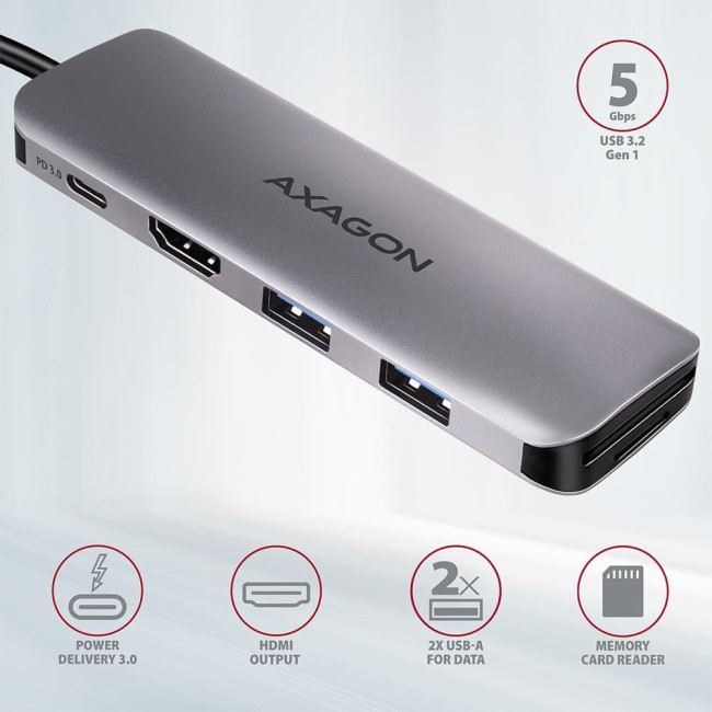 Хаб концентратор AXAGON HMC-5 SuperSpeed USB-C COMBO 5in1 hub, Сірий