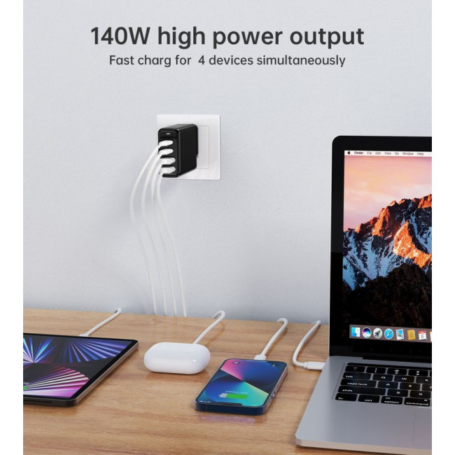 Мережевий зарядний пристрій, GaN, 2 USB-A / 2 USB-C, 140Вт, QC3.0/PD/PPS