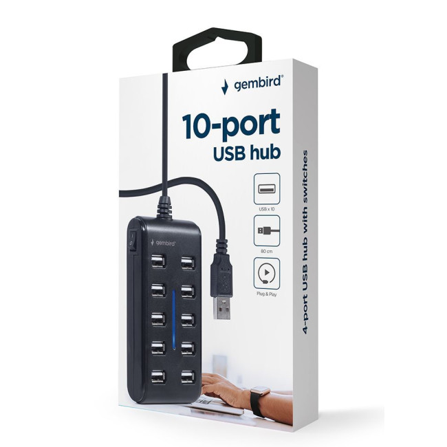 Хаб на 10 портів USB 2.0, пластик, чорний