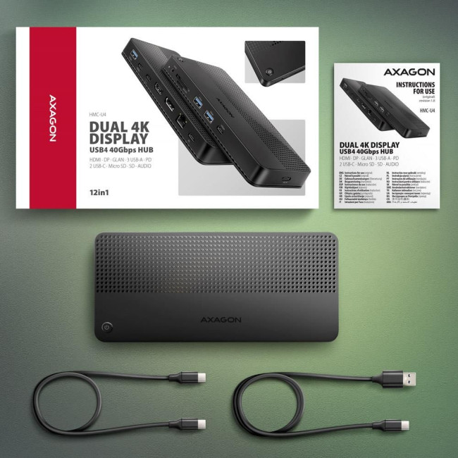 Хаб концентратор AXAGON HMC-U4 USB4 40Гбіт/с DUAL 4K DISPLAY 12in1, Чорний