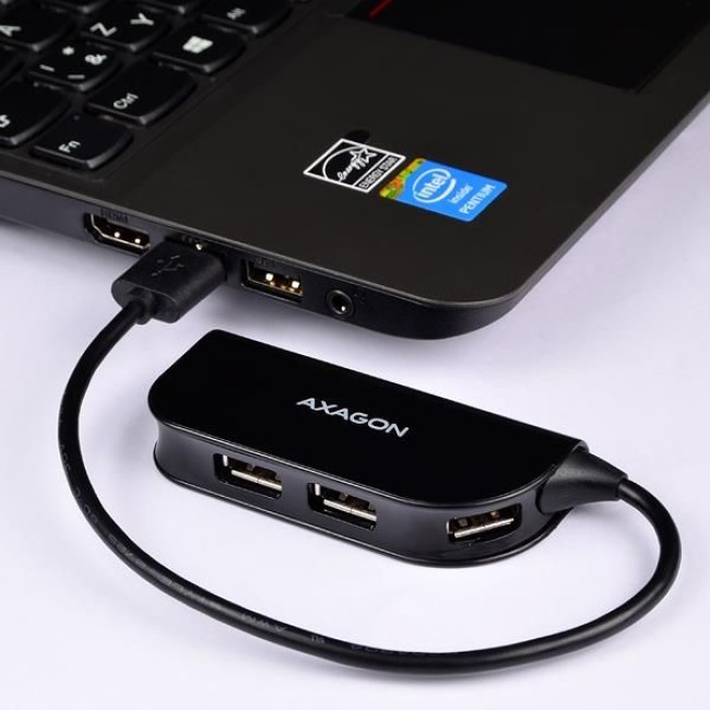 Хаб AXAGON HUE-X4B USB READY hub, USB-A кабель 20см, Чорний