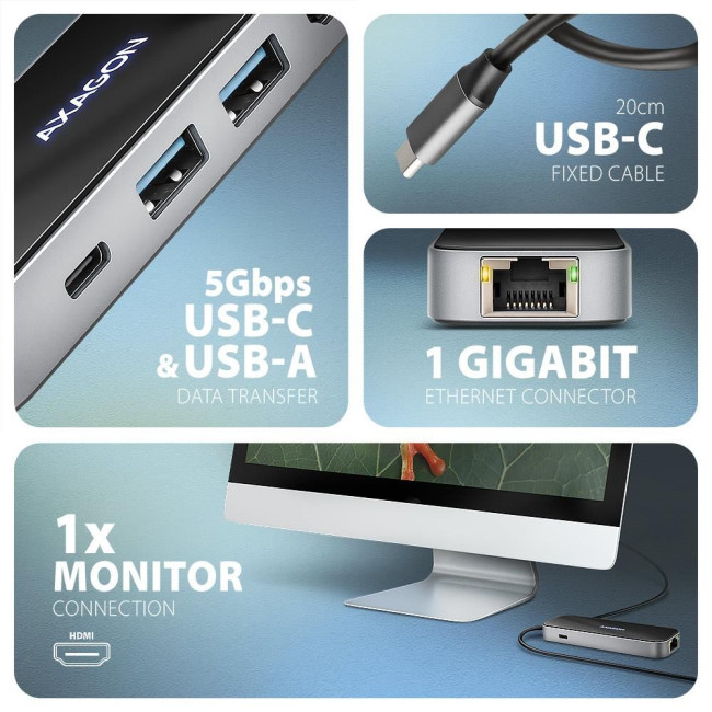 Хаб концентратор AXAGON HMC-6GLN USB-C 5Гбіт/с GLASS 6in1 hub, Чорний/Сірий