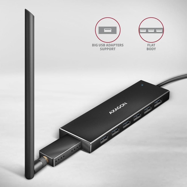 Хаб AXAGON HUE-F7C SuperSpeed USB-C FLAT CHARGING hub, кабель 30см USB-C, Чорний