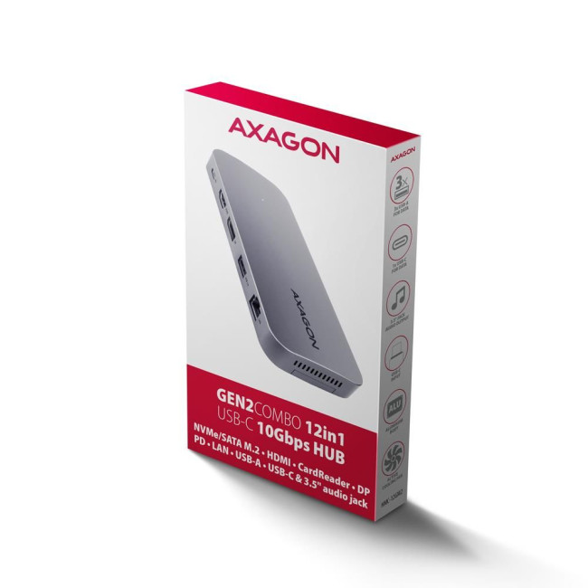 Хаб концентратор AXAGON HMC-12GM2 USB-C 10 Гбіт/с GEN2COMBO 12-в-1 PD 100W, Сірий
