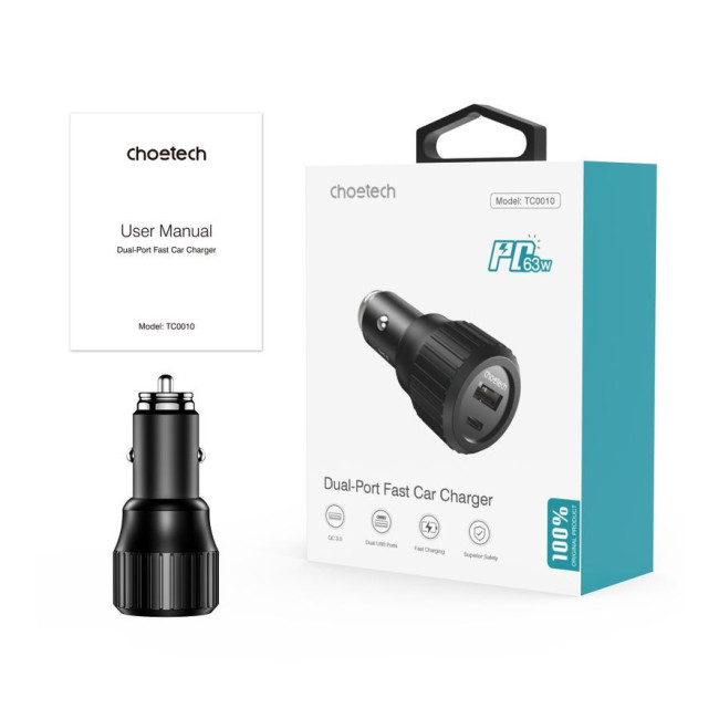 Автомобільний зарядний пристрій, USB-A/USB-C, 63Вт, QC3.0/PD/PPS, чорний