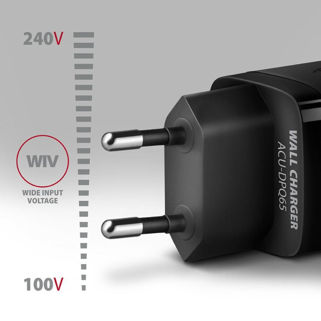 Мережевий зарядний пристрій AXAGON ACU-DPQ65, 3x port (USB + dual USB-C), PD3.0/QC4+/PPS/Apple, 65W, Чорний