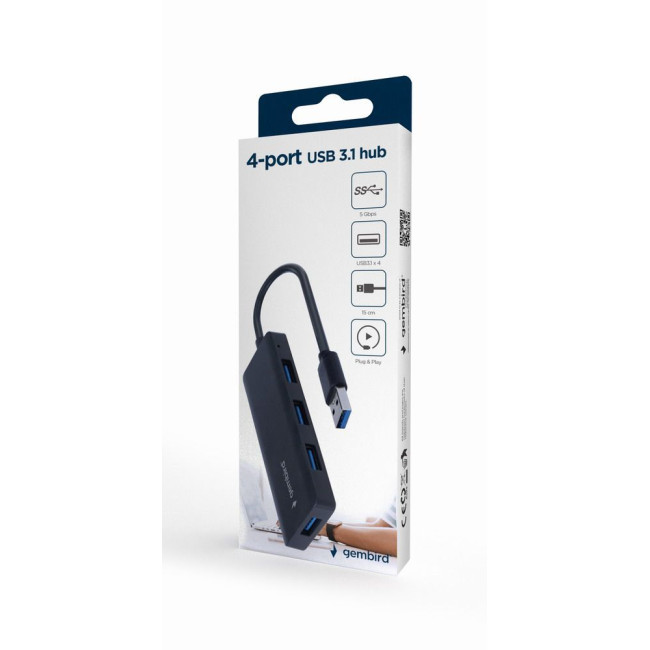 Хаб Gembird на 4 порти USB 3.1, пластик, чорний