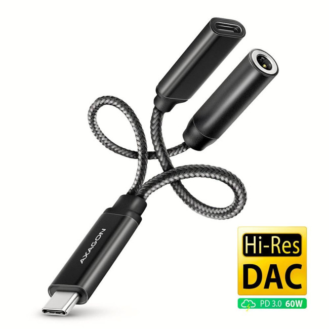 Зарядний та аудіо адаптер AXAGON ADA-HCPD USB-C to Mini-Jack 3.5 mm HI-RES DAC and USB-C 60W, чорний