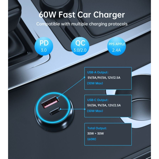 Автомобільний зарядний пристрій, USB-C+USB-A, 60Вт, QC3.0/PD/PPS, чорний