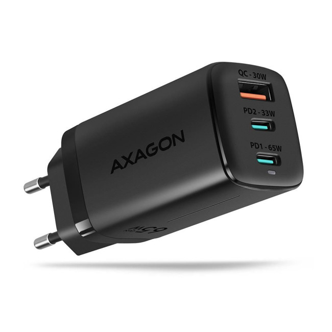 Мережевий зарядний пристрій AXAGON ACU-DPQ65, 3x port (USB + dual USB-C), PD3.0/QC4+/PPS/Apple, 65W, Чорний