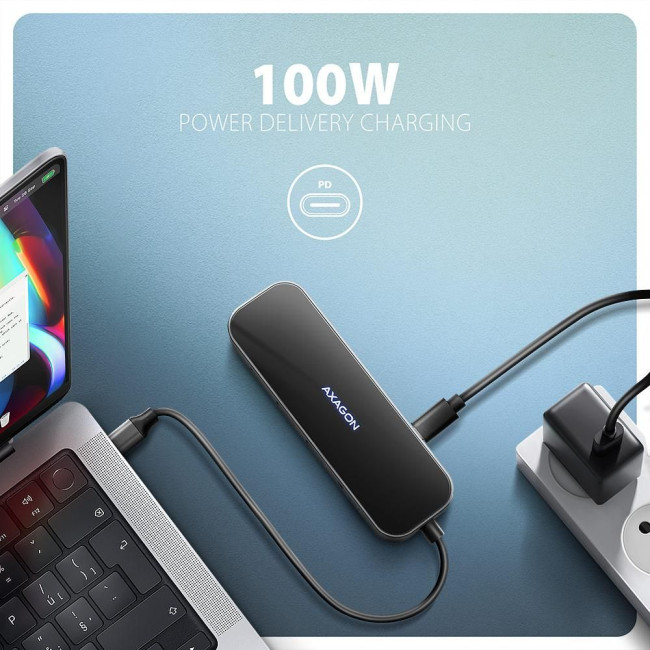 Хаб концентратор AXAGON HMC-6GLN USB-C 5Гбіт/с GLASS 6in1 hub, Чорний/Сірий