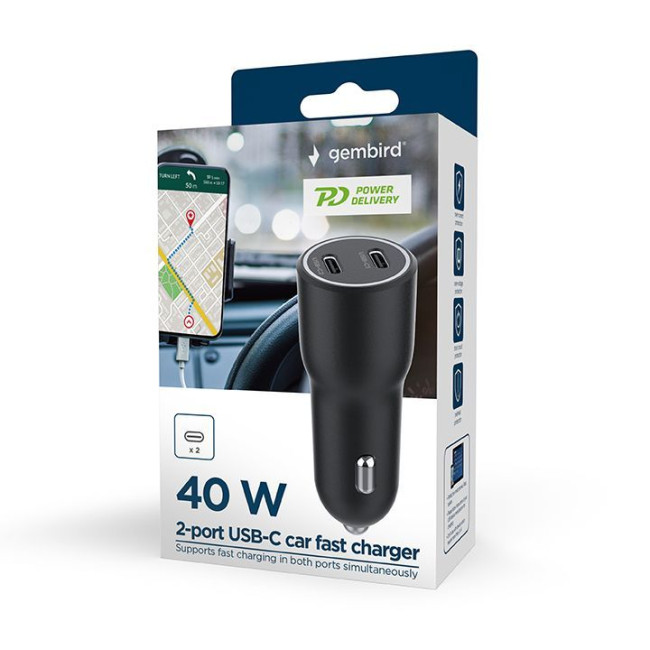 Автомобільний ЗП, 2xUSB-C (PD 20W), чорний