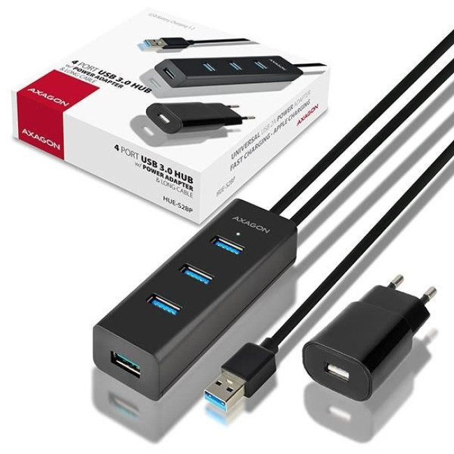 Хаб AXAGON HUE-S2BP USB3.0 CHARGING hub, 1.2м кабель, MicroUSB зарядка, Чорний