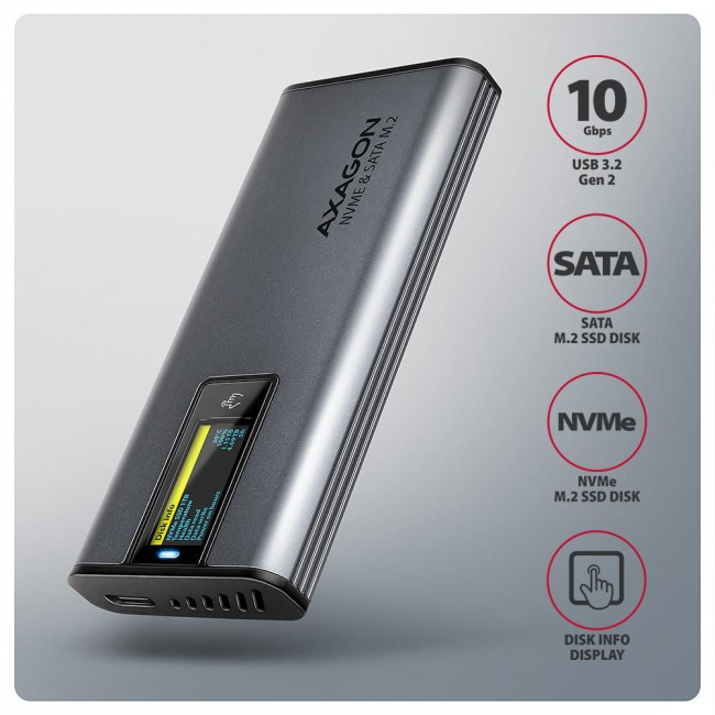 Зовнішній карман для SSD-накопичувачів AXAGON EEM2-SD2 USB-C 10Gbps - M.2 NVMe & SATA SSD DISPLAY box