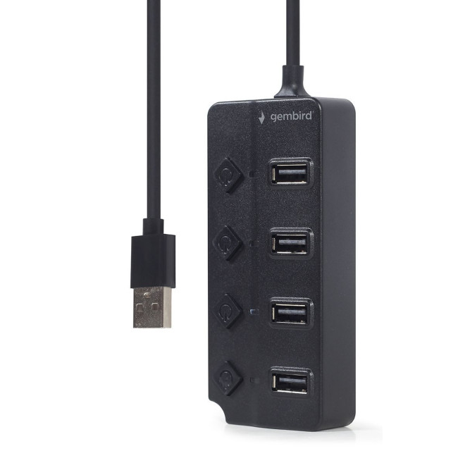 Хаб на 4 порти USB 2.0, з вимикачами, пластик, чорний