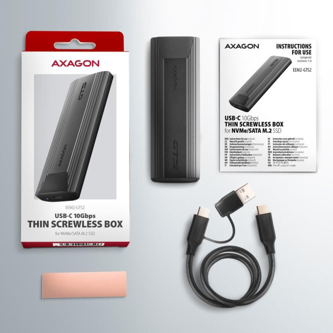 Зовнішній карман для SSD-накопичувачів AXAGON EEM2-GTS2 USB-C 10Gbps - M.2 NVMe & SATA SSD THIN SCREWLESS box