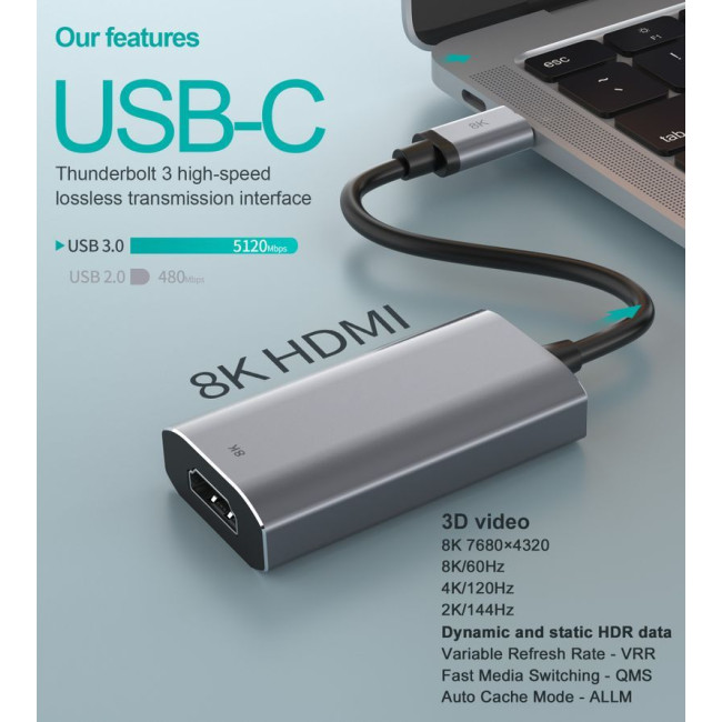 Адаптер-перехідник USB-C на HDMI, 8К 60 Гц