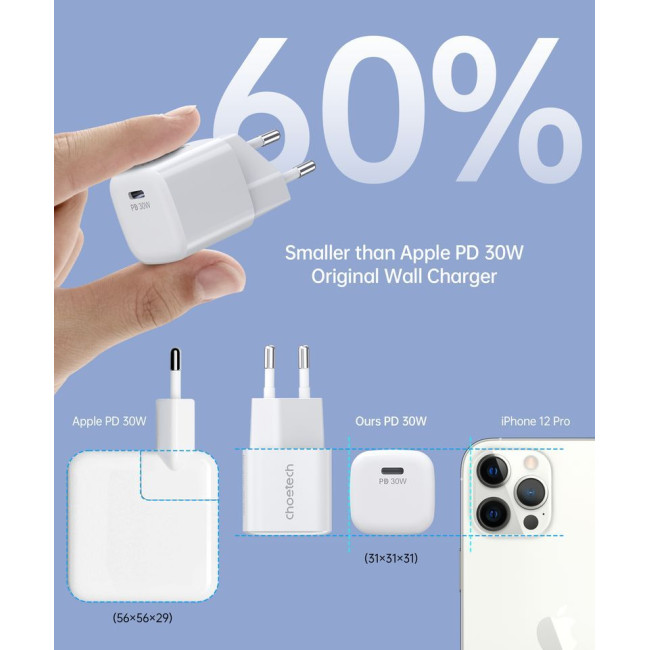 Мережевий зарядний пристрій, GaN, USB-C, 30Вт, QC3.0/PD/PPS
