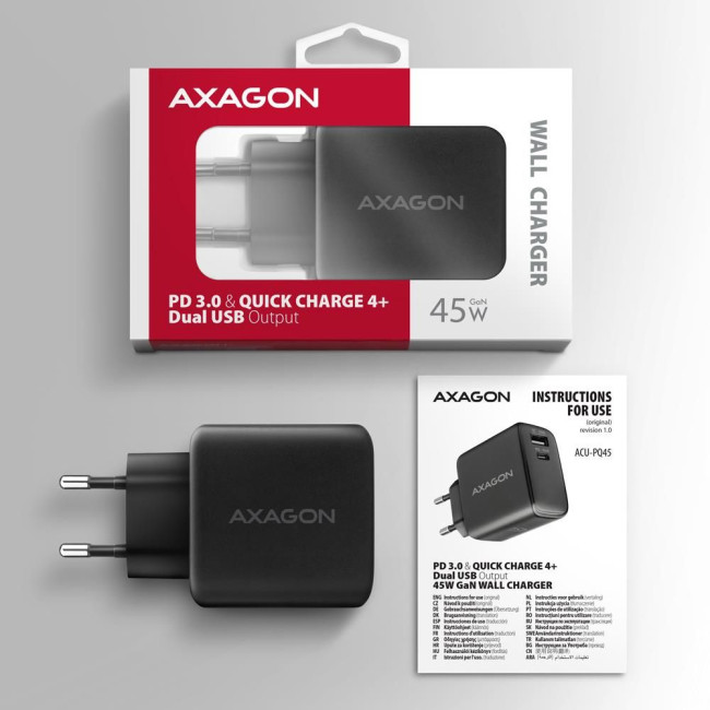 Мережевий зарядний пристрій AXAGON ACU-PQ45, QC3.0,4.0/AFC/FCP/PPS/Apple + PD type-C, 45W, Чорний