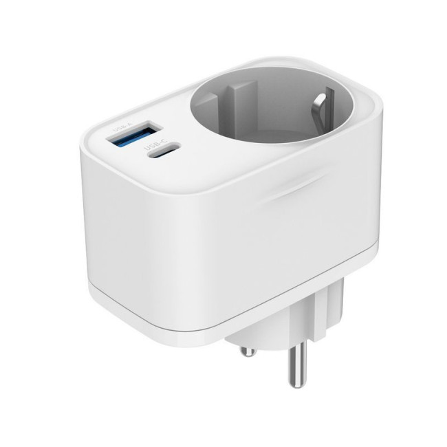 Мережевий ЗП з вбудованою розеткою, 1 USB-A + 1 Type-C (PD20Вт + QC3.0 18Вт), білий