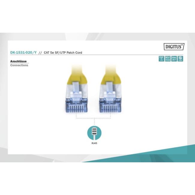 Патч-корд CAT 5e SF-UTP, Cu, PVC AWG 26/7, довжина 2 м, колір жовтий DK-1531-020/Y DIGITUS by ASSMANN