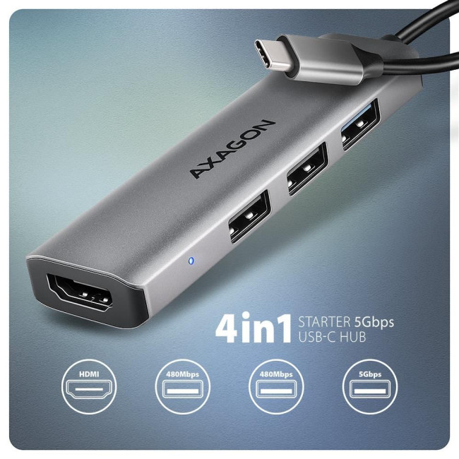 Хаб концентратор AXAGON HMC-H3A USB-C 5Гбіт/с STARTER 4in1 hub, Сірий