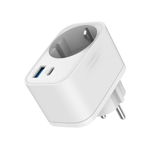 Мережевий ЗП з вбудованою розеткою, 1 USB-A + 1 Type-C (PD20Вт + QC3.0 18Вт), білий