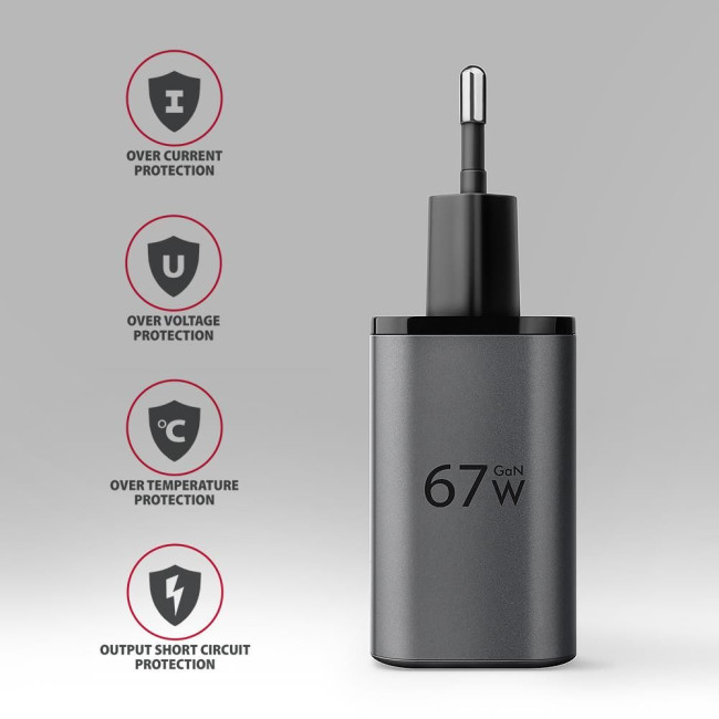 Мережевий зарядний пристрій AXAGON ACU-PQ67, 2x port (USB + USB-C), PD3.0/QC4+/PPS/Apple, 67W, сірий