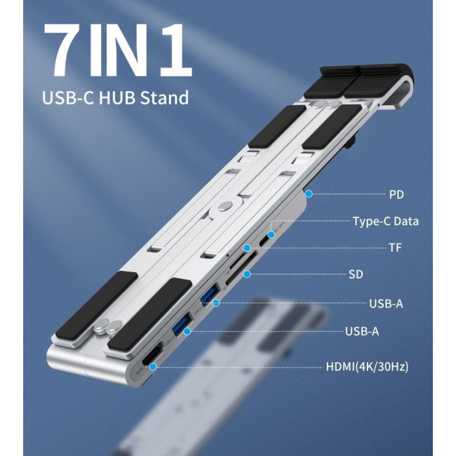 Док станція USB-C 7-в-1 (HDMI/PD/картридер/USB-A / USB-C), алюміній