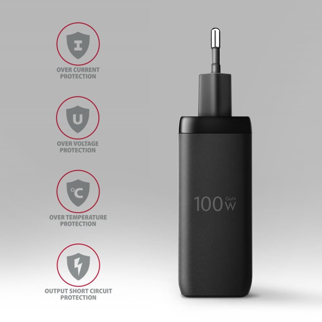 Мережевий зарядний пристрій AXAGON ACU-DPQ100, 3x port (USB + dual USB-C), PD3.0/QC4+/PPS/Apple, 100W, Чорний