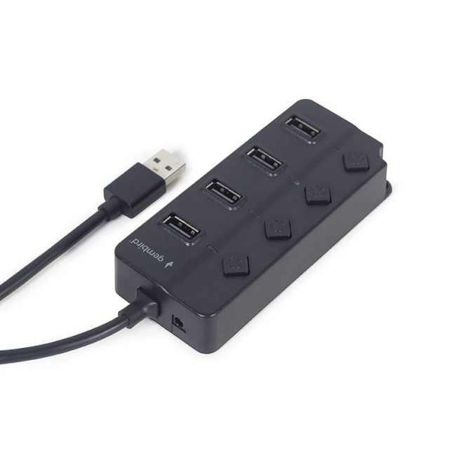 Хаб на 4 порти USB 2.0, з вимикачами, пластик, чорний