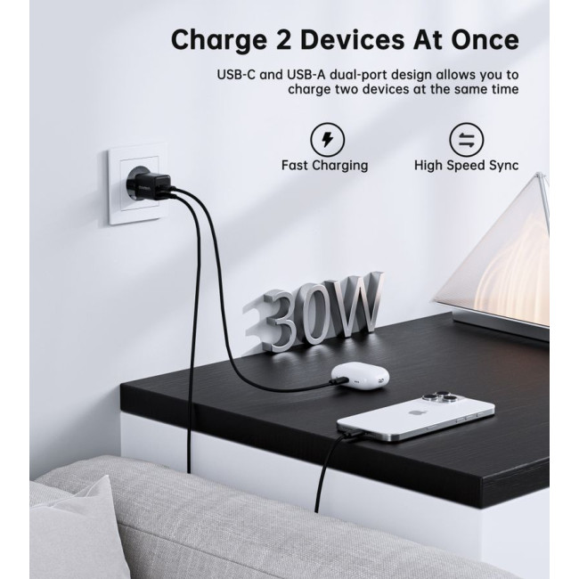 Мережевий зарядний пристрій, USB-A/USB-C, 30Вт, QC3.0/PD/PPS