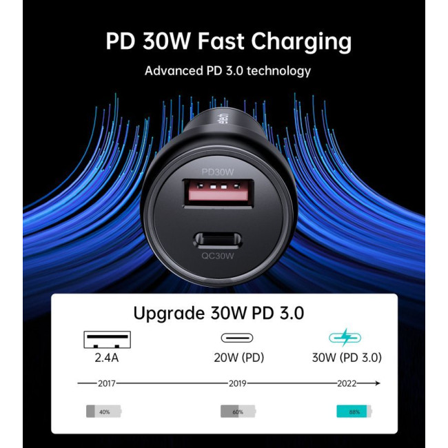 Автомобільний зарядний пристрій, USB-C+USB-A, 60Вт, QC3.0/PD/PPS, чорний