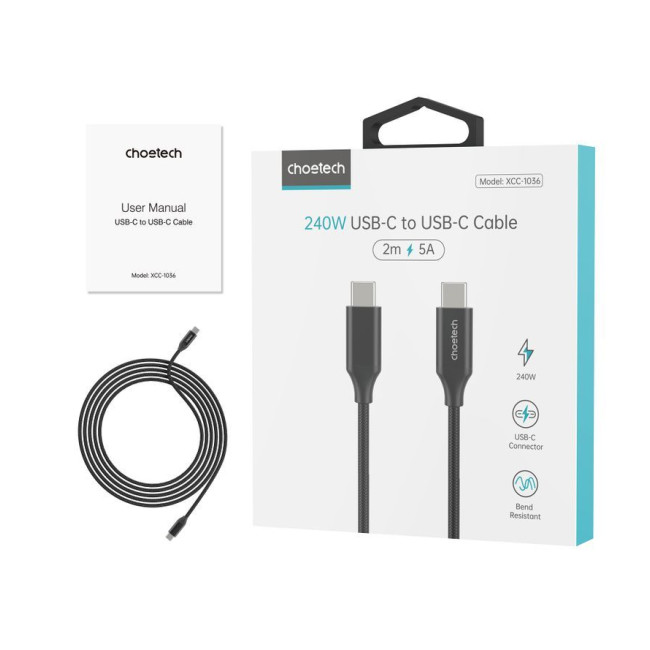 Кабель USB 2.0, 240w, C-тато/C-тато, 2 м, преміум