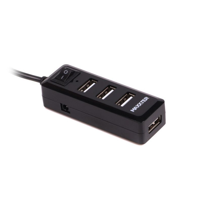 Хаб USB 2.0 Type-A на 4 порти, 5V1A зарядка в комплекті, пластик, чорний