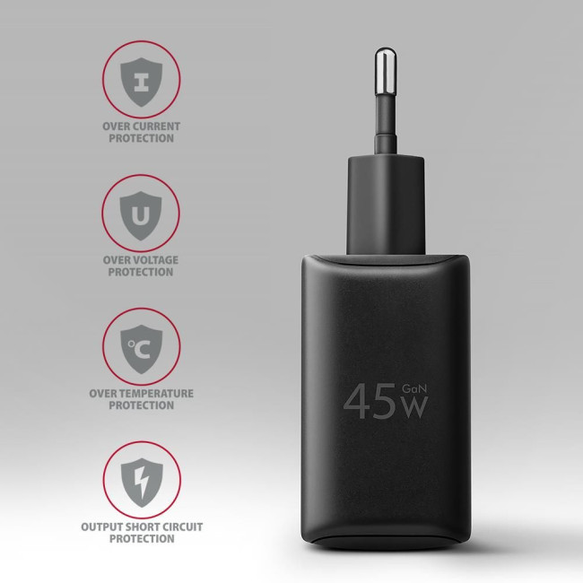 Мережевий зарядний пристрій AXAGON ACU-PQ45, QC3.0,4.0/AFC/FCP/PPS/Apple + PD type-C, 45W, Чорний