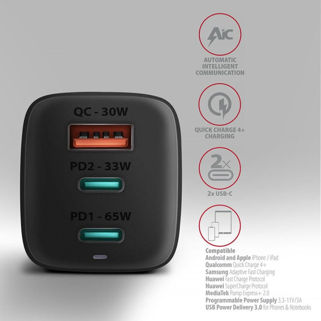 Мережевий зарядний пристрій AXAGON ACU-DPQ65, 3x port (USB + dual USB-C), PD3.0/QC4+/PPS/Apple, 65W, Чорний