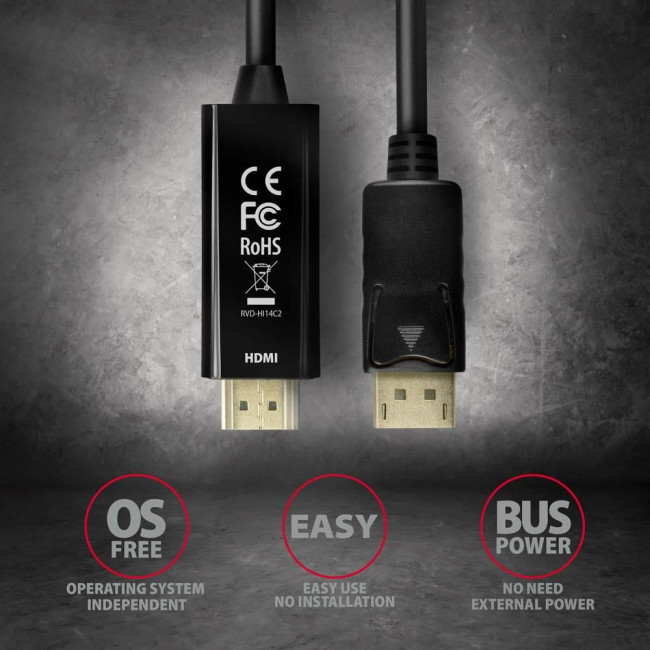 Кабель AXAGON RVD-HI14C2 HDMI-DisplayPort, 1.8m, 4K/30Hz, чорний