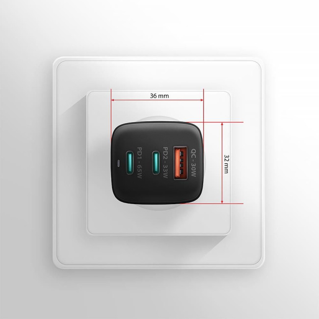 Мережевий зарядний пристрій AXAGON ACU-DPQ65, 3x port (USB + dual USB-C), PD3.0/QC4+/PPS/Apple, 65W, Чорний