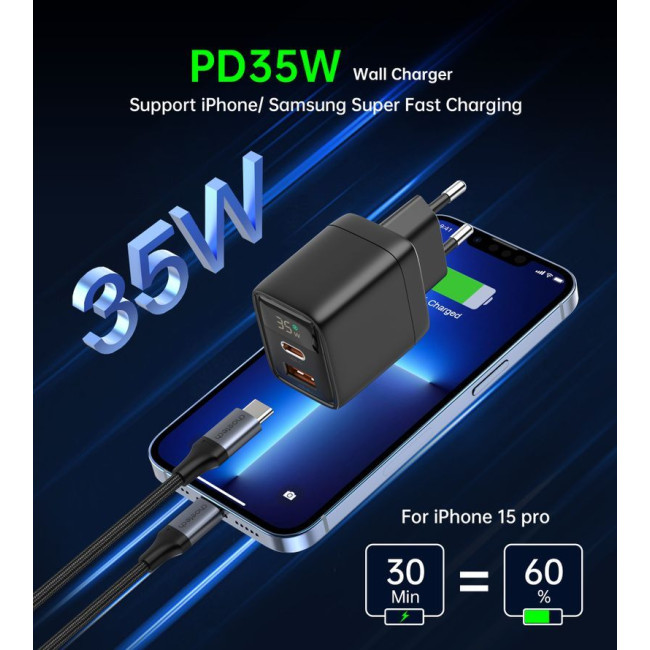Мережевий зарядний пристрій, GaN, USB-A/USB-C, 35Вт, QC3.0/PD/PPS
