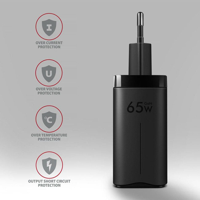 Мережевий зарядний пристрій AXAGON ACU-DPQ65, 3x port (USB + dual USB-C), PD3.0/QC4+/PPS/Apple, 65W, Чорний