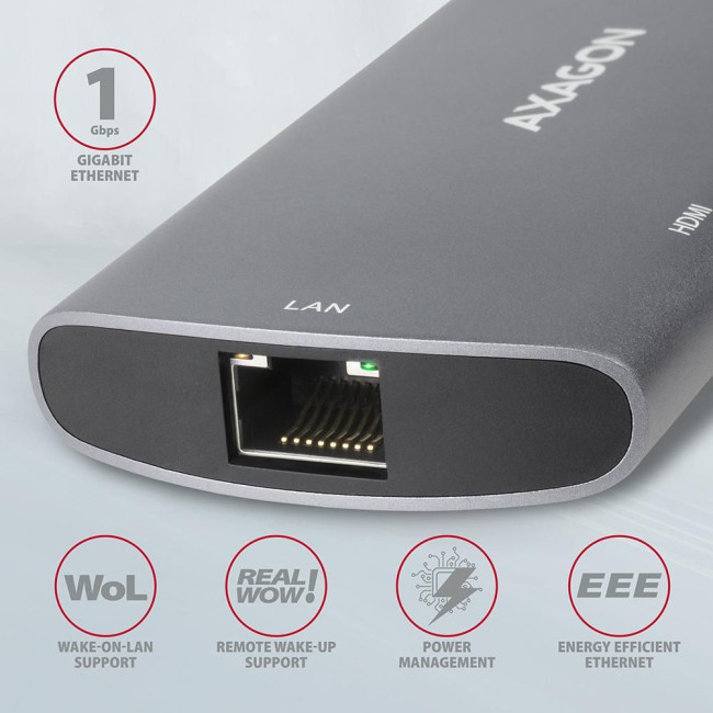 Хаб концентратор AXAGON HMC-7HX2 USB-C 5Гбіт/с DUAL 4K DISPLAY 7in1 hub, Сірий